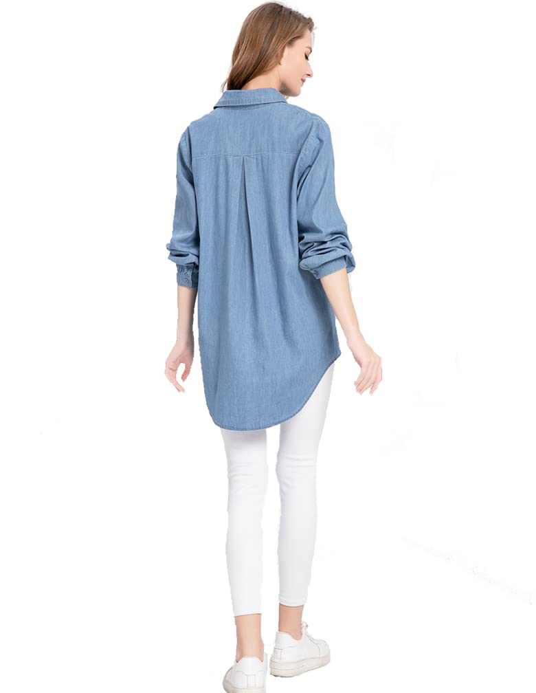 Minibee Women's Casual Cotton Linen Blouse Plus Size High Low Shirt Long Sleeve Tops Denim Blue - Image 4